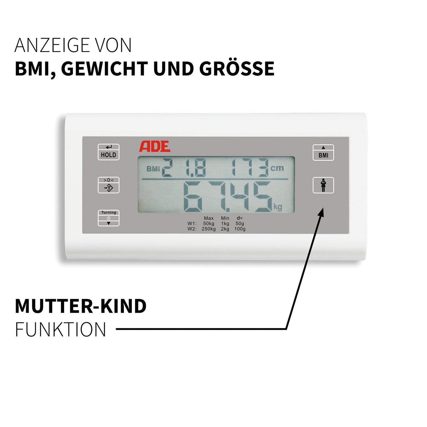 Elektronische Säulenwaage mit breiter Wiegefläche - Detailansicht: Display: Mutter-Kind-Funktion, BMI, Gewicht, Größe - ADE M320600-01