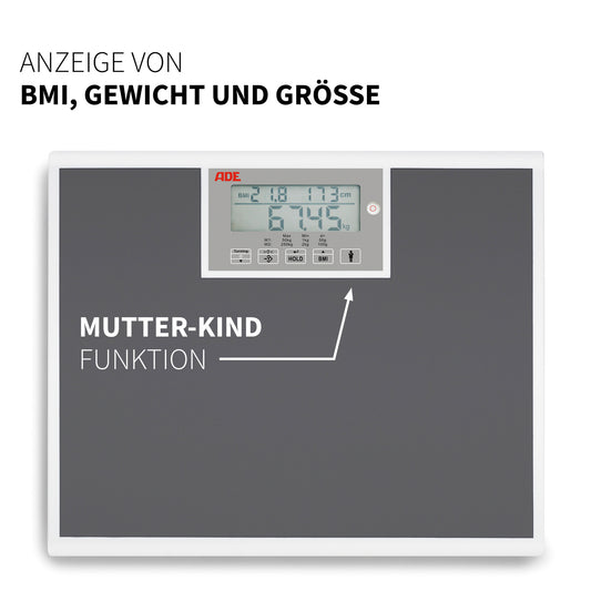 Produkte Elektronische Personenwaage mit extra breiter Wiegefläche und Perspektivwechsel der Anzeige - Detail: Mutter-Kind-Funktion