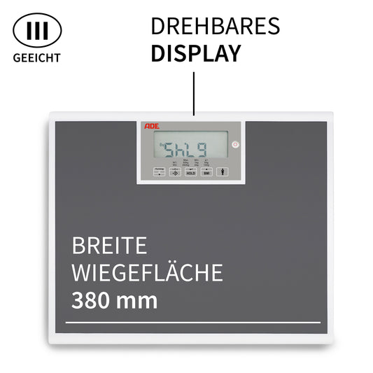Geeichte elektronische Personenwaage mit extra breiter Wiegefläche, Detailansicht: Breite Wiegefläche 380mm - ADE M320000