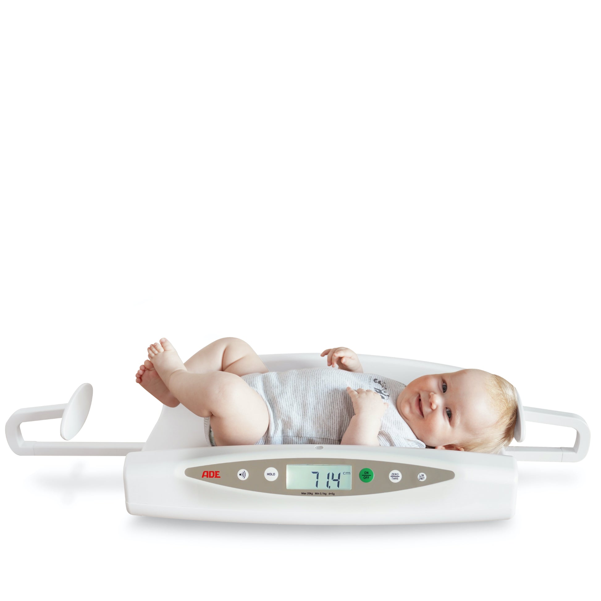 Professionelle Komfort-Babywaage | Längenmessfunktion | ADE M118600-01 | Höchstlast: 20 kg - mit Baby frontal