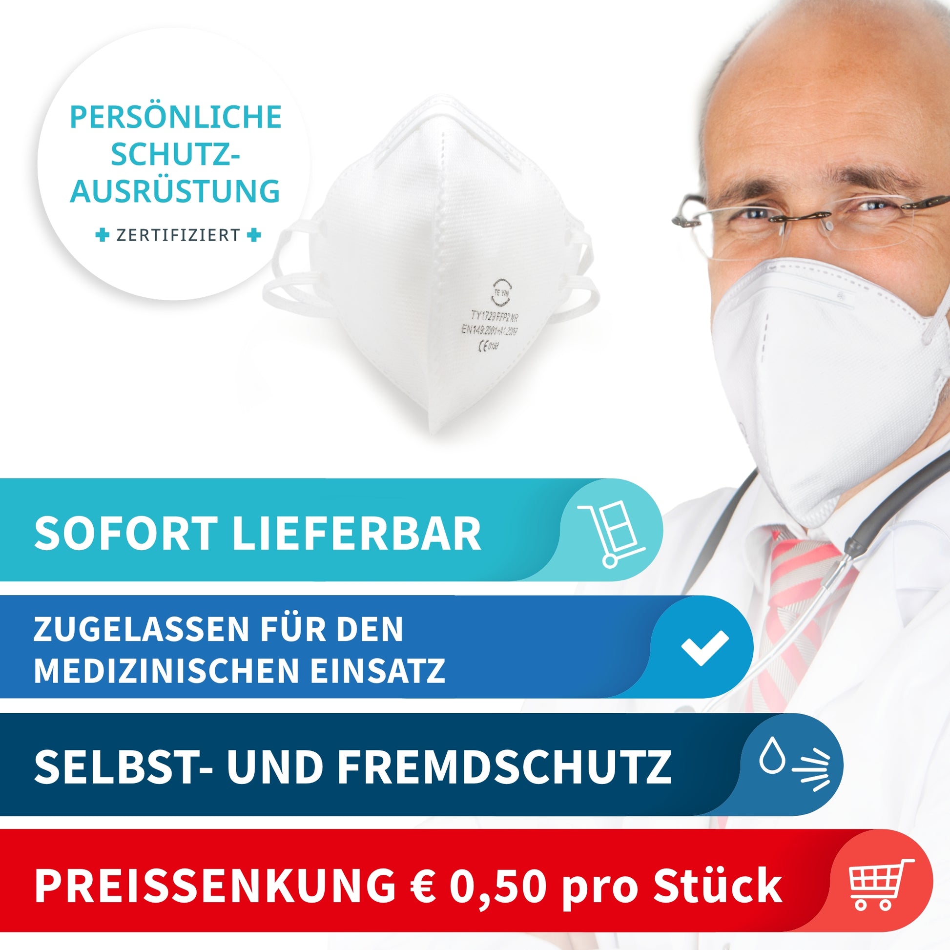 FFP2 Atemschutzmaske | Zertifiziert als Persönliche Schutzausrüstung und für medizinischen Einsatz | 5-lagiger Schutz vor Aerosolen | Elastische Kopfschlaufen | ab 20 Stück (= 1 VPE) 