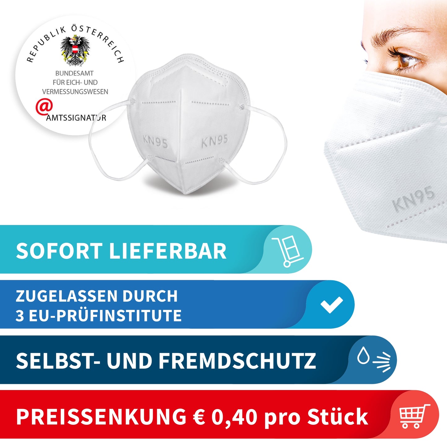 Pandemie Atemschutzmaske KN95 (wie FFP2) | Zertifiziert durch EU-Prüfinstitute | 4-lagiger Schutz vor Aerosolen | Einzelverpackt | Elastische Ohrschlaufen | ab 25 Stück (= 1 VPE) 